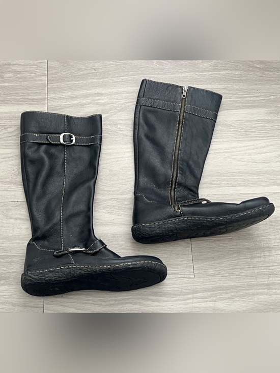 Born Shoes - Born Black Leather Mid-Calf Heeled Zip Boots with Buckle Accent